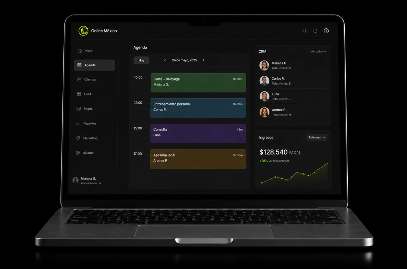 Laptop real con agenda, CRM e ingresos de Online México