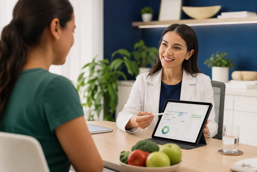 Nutriólogo usando agenda digital en consulta