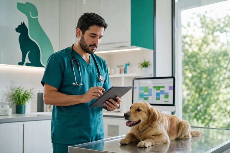 Veterinario revisando expediente digital en clínica veterinaria