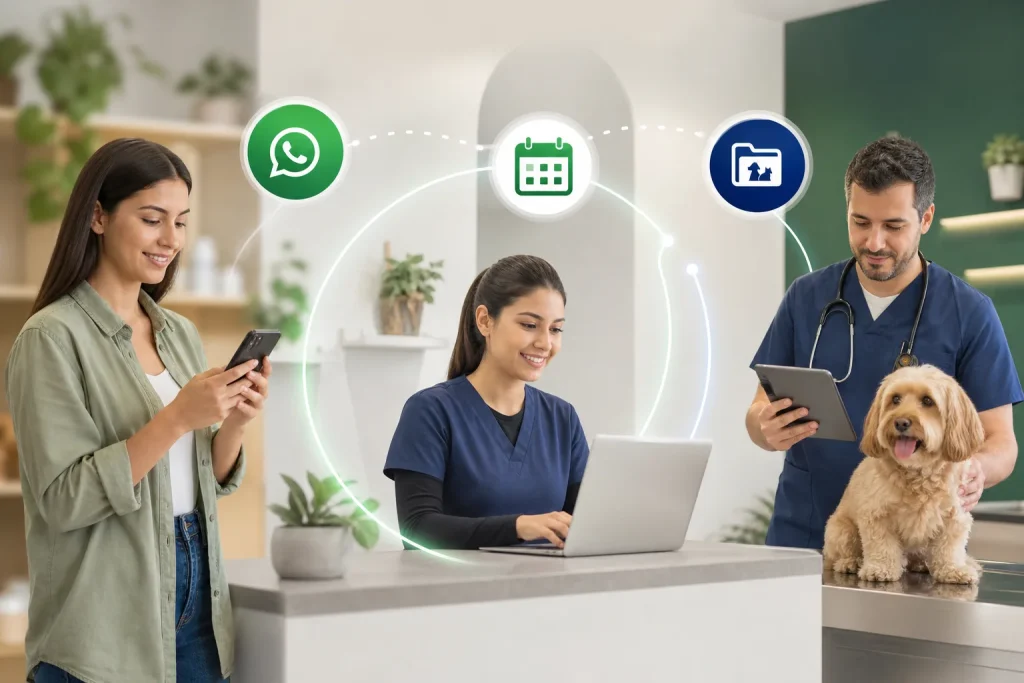 Diagrama de integración de WhatsApp en la agenda veterinaria