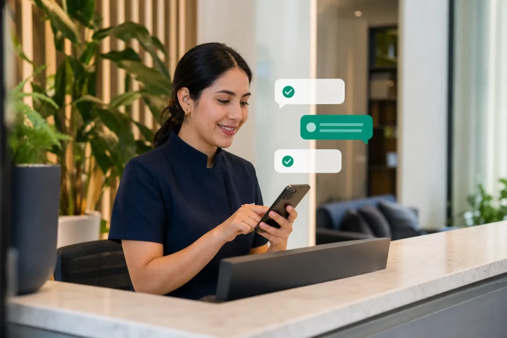Recepcionista utilizando WhatsApp para gestionar citas