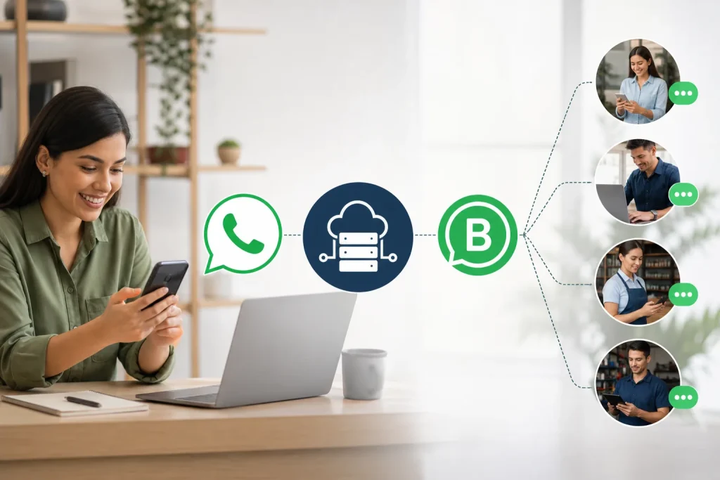 Diagrama de flujos de comunicación de WhatsApp Business vs API