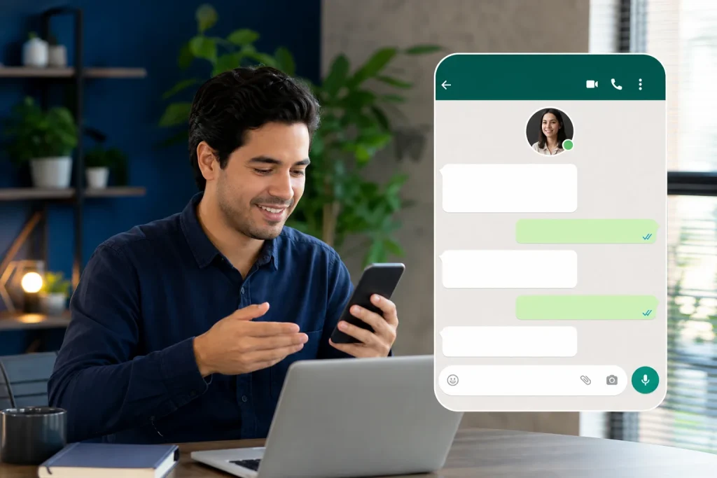 Vendedor usando WhatsApp para calificar leads.