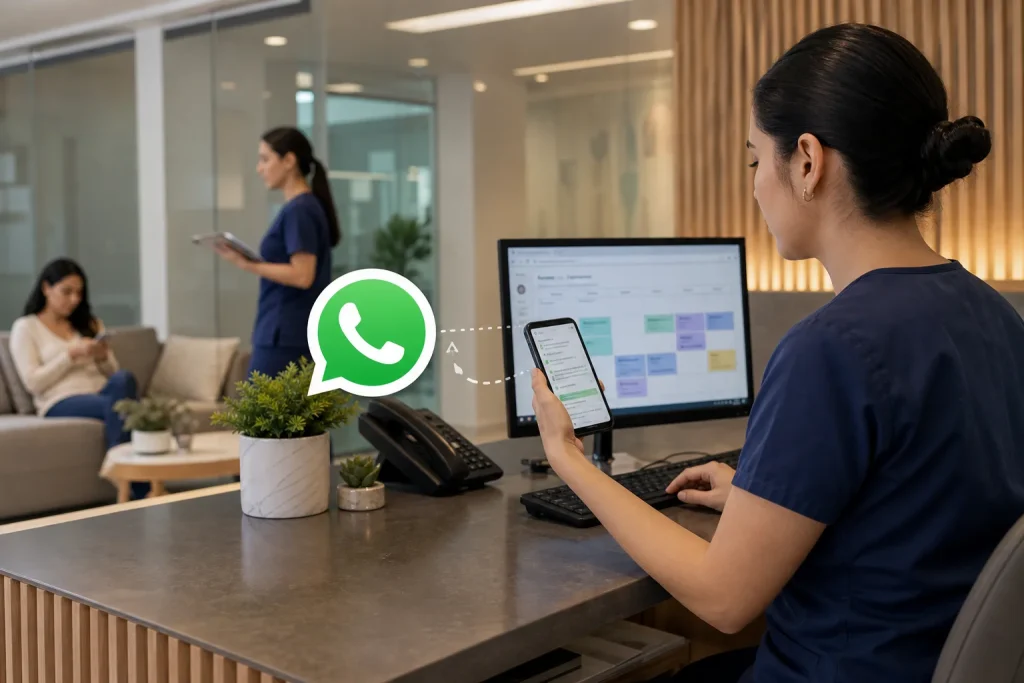 Escena de uso de agenda WhatsApp en una oficina